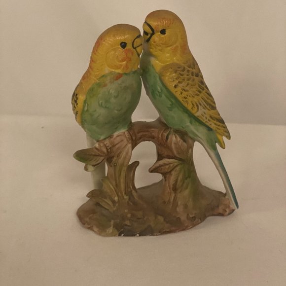 Vintage Parakeet pair on a limb yellow and green